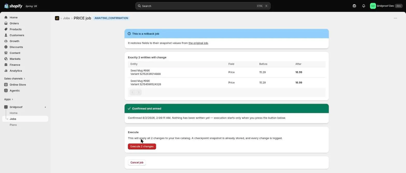 A rollback job showing a banner identifying it as a rollback of an earlier job, a change table restoring prices from 15.29 back to 16.99, and a Confirmed and armed banner above an Execute button.