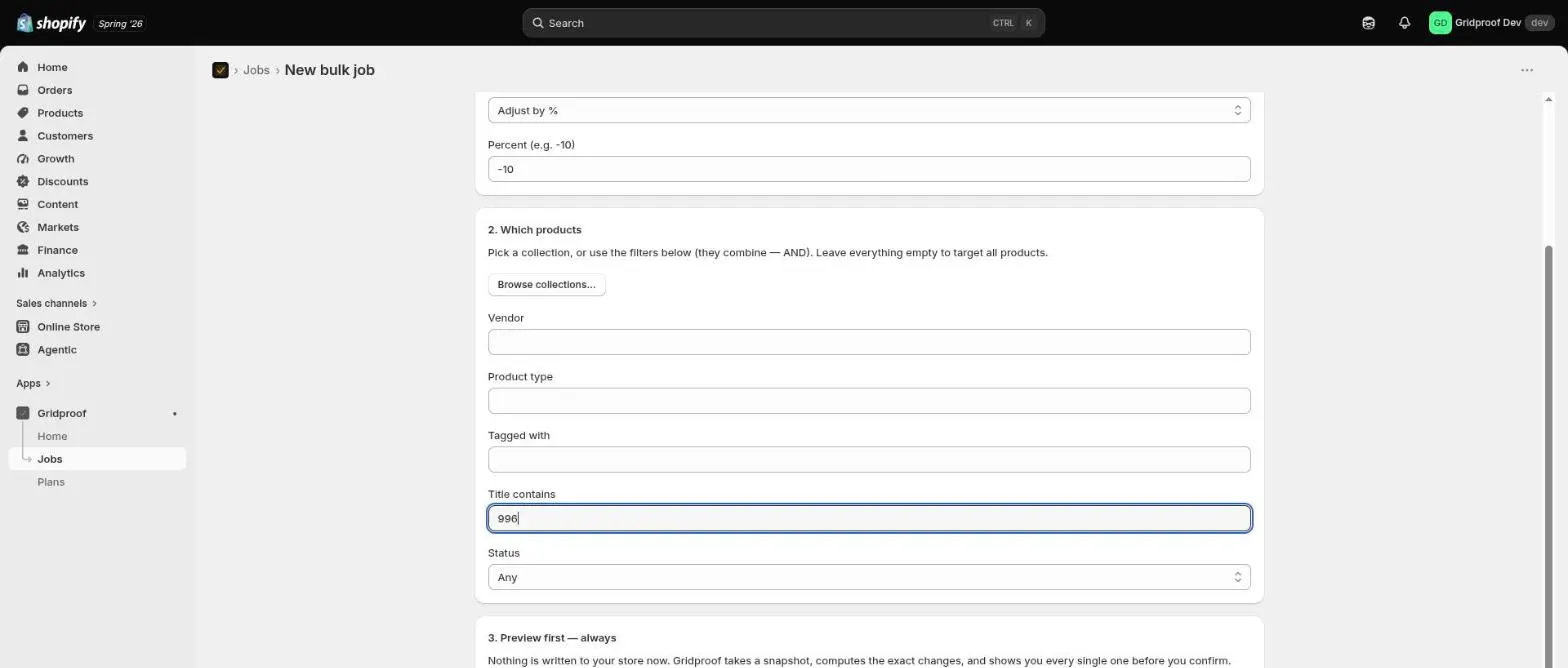 The targeting card with vendor, product type, tagged with, title contains and status filters; title contains is filled in with 996.
